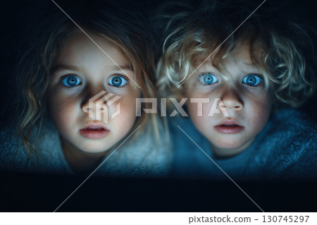Two children watching glowing screen in dark room 130745297