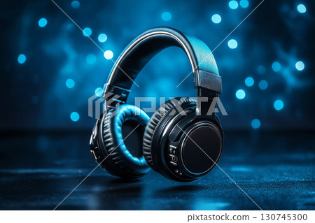 Black wireless headphones on dark background Black wireless headphones on dark background 130745300