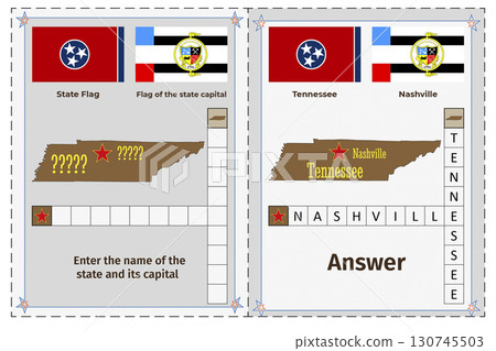 Geography of the USA for children. Question and answer. Flags, names, outline of the state and capital of Tennessee. Crossword illustration. 130745503