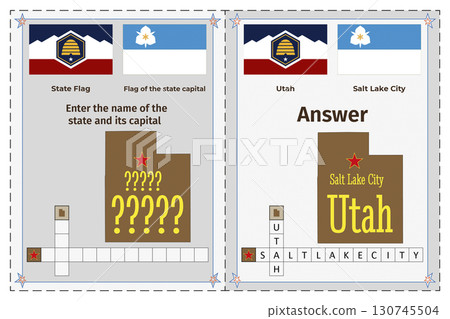 Geography of the USA for children. Question and answer. Flags, names, outline of the state and capital of Utah. Crossword illustration. 130745504