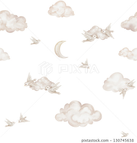 Watercolor repeat seamless pattern with illustration of a flying birds of peace with spread wing and cloud with moon. Hand-drawn Bird design symbol of peace for cards in pastel beige colors. Watercolor repeat seamless pattern with illustration of a flying birds of peace with spread wing and cloud with moon. Hand-drawn Bird design symbol of peace for cards in pastel beige colors. 130745638