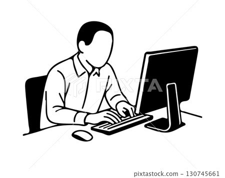 一名男子在筆記型電腦上工作的線條插圖 一名男子在筆記型電腦上工作的線條插圖 130745661