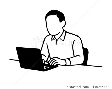 一名男子在筆記型電腦上工作的線條插圖 一名男子在筆記型電腦上工作的線條插圖 130745662