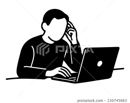 Line drawing illustration of a man working on a laptop 130745663