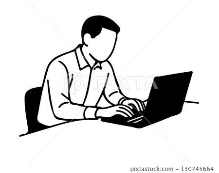 一名男子在筆記型電腦上工作的線條插圖 一名男子在筆記型電腦上工作的線條插圖 130745664