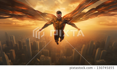 Superhero flying in the sky with costume and cape. Action movie blockbuster shot. Generated AI. 130745855