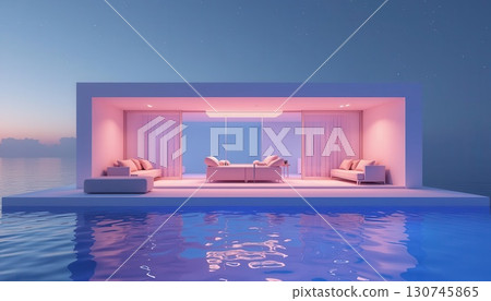 Modern floating pavilion at sunset over calm water, illuminated by warm ambient light under a starry sky. Generated AI 130745865