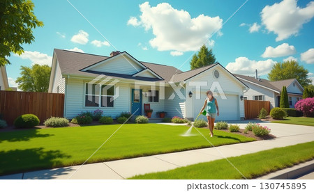 Beautiful suburban house with landscaped lawn, trees, and blue sky on a sunny day. Generated AI 130745895