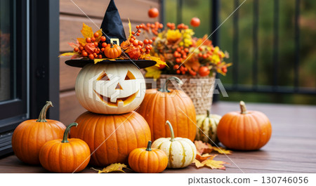 Spooky and festive Halloween porch decoration with carved pumpkins, a witch's hat, and autumn foliage. 130746056
