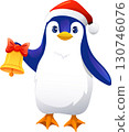 Cute penguin holding golden Christmas bell, flat vector illustration in festive style 130746076