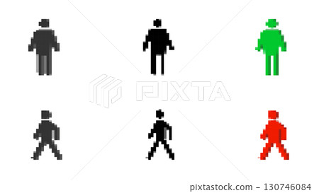 Collection of people with traffic lights on white background, pixel icons men in cartoon style for games and websites, gaming user interface, pixel man prohibits crossing the road 130746084