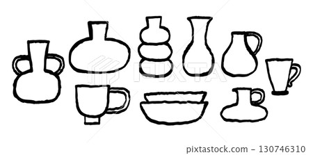 Collection of cute pottery. Ink hand drawn black line vector illustration on white background. 130746310