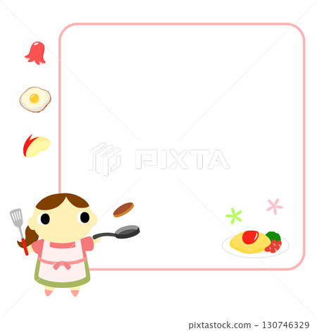 A woman in an apron cooking with a frame and decoration 130746329