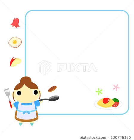 一位穿著圍裙的女人用框架和裝飾做飯 130746330