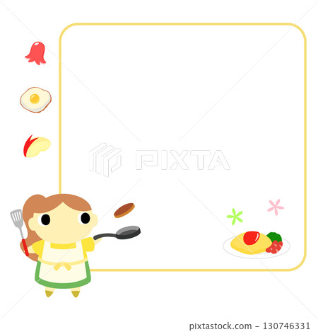 一位穿著圍裙的女人用框架和裝飾做飯 130746331