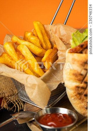 Crispy golden fries in a paper basket on a dark table, close up with warm lighting 130746354