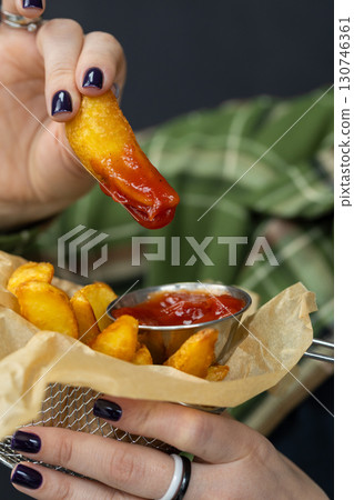 Golden potato wedge dipped in ketchup, held by hand, close up on dark background 130746361