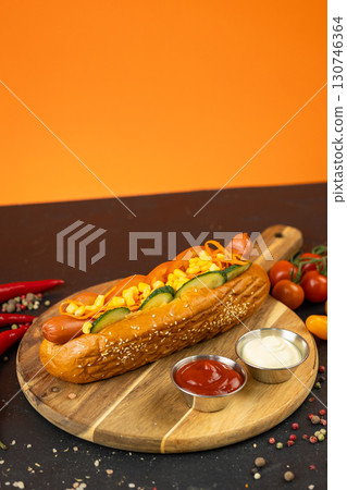 Delicious hot dog with vegetables and sauces on a wooden board with orange background Delicious hot dog with vegetables and sauces on a wooden board with orange background 130746364