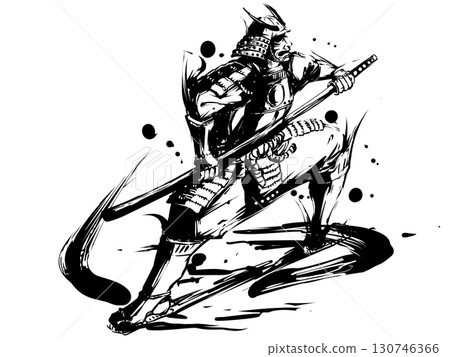 Sumi-e illustration of a warrior drawing his sword 130746366