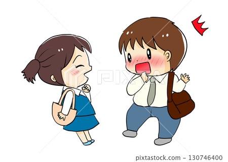 一個大笑的女孩和一個驚訝得臉紅的男人 130746400