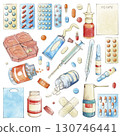 watercolor set of medicines isolated on white background.Jar with pills,blisters with tablets and capsules,syringe,ampoules, tube, nasal and throat spray, thermometer, plaster, ampules, pill container 130746441