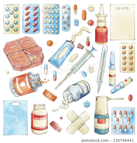 watercolor set of medicines isolated on white background.Jar with pills,blisters with tablets and capsules,syringe,ampoules, tube, nasal and throat spray, thermometer, plaster, ampules, pill container 130746441