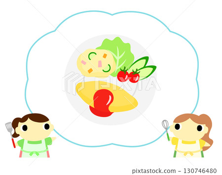 A woman in an apron introducing breakfast menu: Omelette 130746480