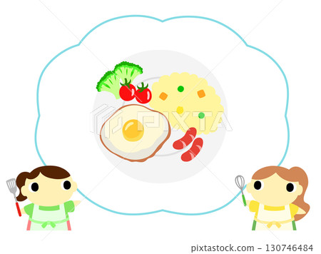 一位繫著圍裙的女士介紹早餐菜單：煎蛋 130746484