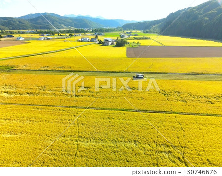Aerial view of rice harvesting in Assabe Town, Hokkaido in early autumn 130746676