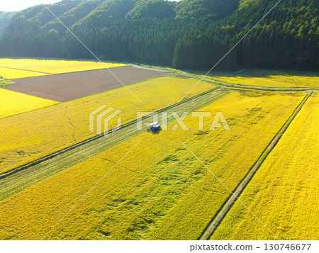 Aerial view of rice harvesting in Assabe Town, Hokkaido in early autumn 130746677