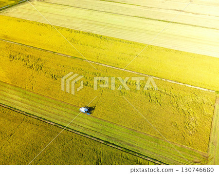 Aerial view of rice harvesting in Assabe Town, Hokkaido in early autumn Aerial view of rice harvesting in Assabe Town, Hokkaido in early autumn 130746680