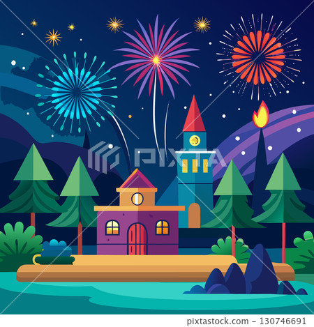 Colorful fireworks over town at night image. Cartoon vector illustration. 130746691