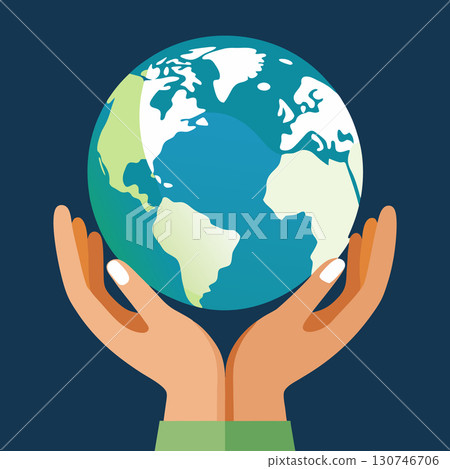 Eco friendly concept with globe and hands. Cartoon vector illustration. 130746706
