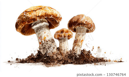 一幅水彩畫描繪了新鮮的蘑菇親子從土壤中生長出來，喚起生長和活力 130746764