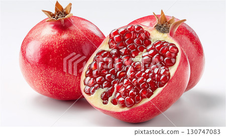 石榴果實排列在白色背景上，具有美麗的橫截面，是健康超級食品的形象 130747083