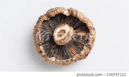 白色背景中放置的乾香菇背面，用於湯料和烹飪的乾食品的頂部視圖 130747122