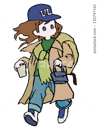 A woman walking quickly with a cup of coffee and a backpack 130747182