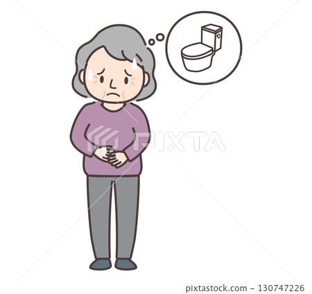 一位因胃痛而擔心上廁所的老年婦女的插圖 一位因胃痛而擔心上廁所的老年婦女的插圖 130747226