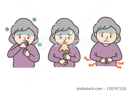 一位身體不適的老年婦女的插圖(噁心、嘔吐、腹痛) 一位身體不適的老年婦女的插圖(噁心、嘔吐、腹痛) 130747228