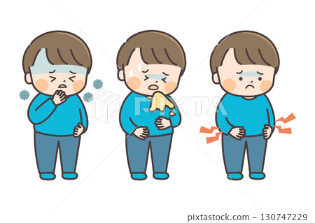 Illustration of a boy who is unwell (nausea, vomiting, abdominal pain) 130747229