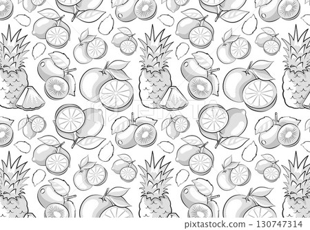 Seamless Citrus Fruit Pattern in Hand Drawn Sketch Style. Lemon, Orange, Kiwi, Pineapple in a vector illustration 130747314