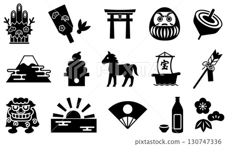 Silhouette illustration set of New Year's lucky charms and traditional items 130747336