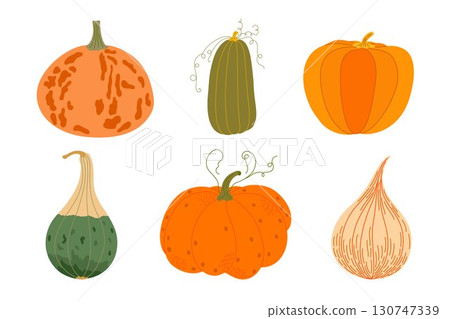 Pumpkins set hand drawn vector illustration in warm orange colors, vegetable for seasonal autumn, fall holidays celebration design, healthy vegetarian diet ingredient, Thanksgiving, Halloween clipart Pumpkins set hand drawn vector illustration in warm orange colors, vegetable for seasonal autumn, fall holidays celebration design, healthy vegetarian diet ingredient, Thanksgiving, Halloween clipart 130747339