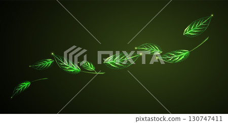 Floating green leaves in low poly style on dark background, eco nature concept vector illustration 130747411