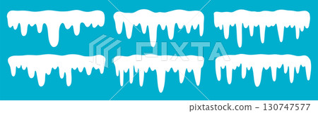 Set of snow caps, snowdrifts and icicles in flat cartoon style. Hand drawn winter snow shapes on blue background. Simple frosty elements for decoration or seasonal illustration. 130747577