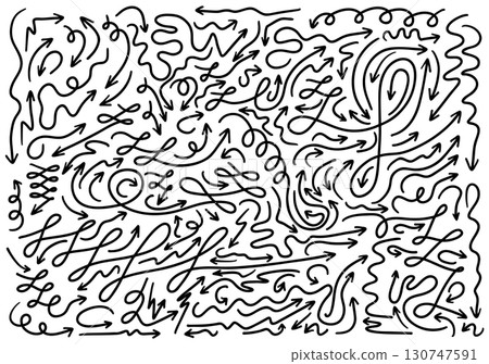 Big set of hand drawn simple black arrows in different directions and styles. Minimalist doodle arrow set for design. Arrows in multiple directions including curly, circular, and rotation symbols. 130747591