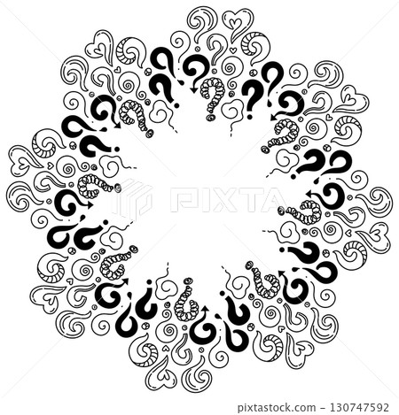 Circle frame with cartoon question marks drawn by hand in doodle style. Outline vector icons perfect for quizzes, school materials, infographics, posters and design templates. 130747592
