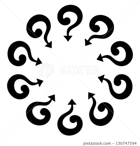 Circle frame with cartoon question marks and arrows pointing to the center, hand drawn in doodle style. Fun vector illustration for quizzes, posters, presentations, educational and creative projects. 130747594