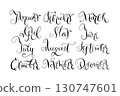 Handwritten lettering months of the year in cursive style created using ink. Vector elegant hand drawn illustrations in calligraphy style, month lettering for planners and calendars. 130747601