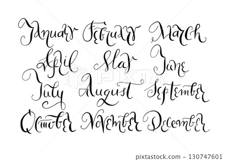 Handwritten lettering months of the year in cursive style created using ink. Vector elegant hand drawn illustrations in calligraphy style, month lettering for planners and calendars. Handwritten lettering months of the year in cursive style created using ink. Vector elegant hand drawn illustrations in calligraphy style, month lettering for planners and calendars. 130747601